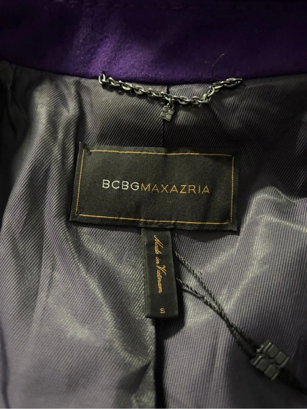 BCBGMaxAzria Purple Structured Ruffle Front Wool-Blend Coat and belted cuffs